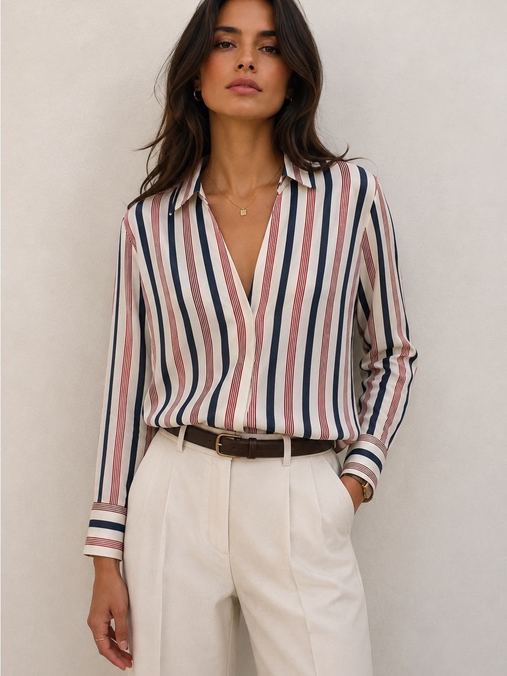 By Malene Birger Cream, Navy & Rust Striped Draped Button-Down Silk Blouse
